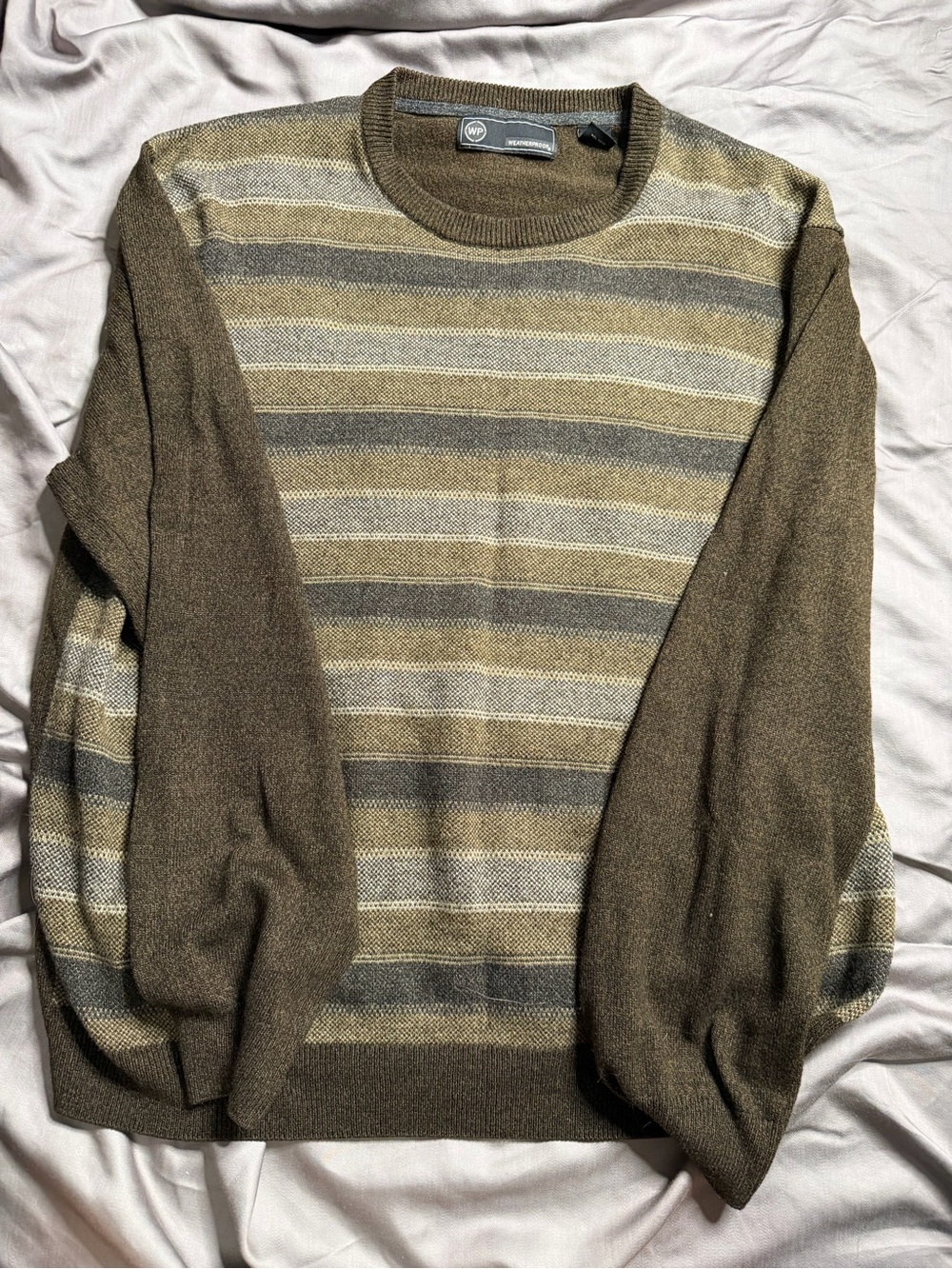Weatherproof Olive, Tan & Gray Striped Crewneck Sweater